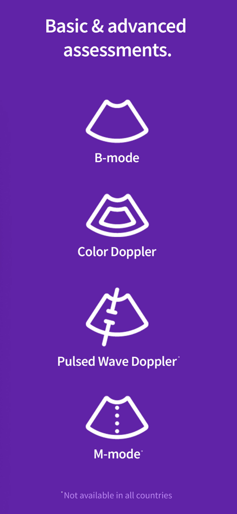 Lista de modos de avaliação de ultrassom básicos e avançados, incluindo modo B, Doppler colorido, Doppler de onda pulsada e modo M.