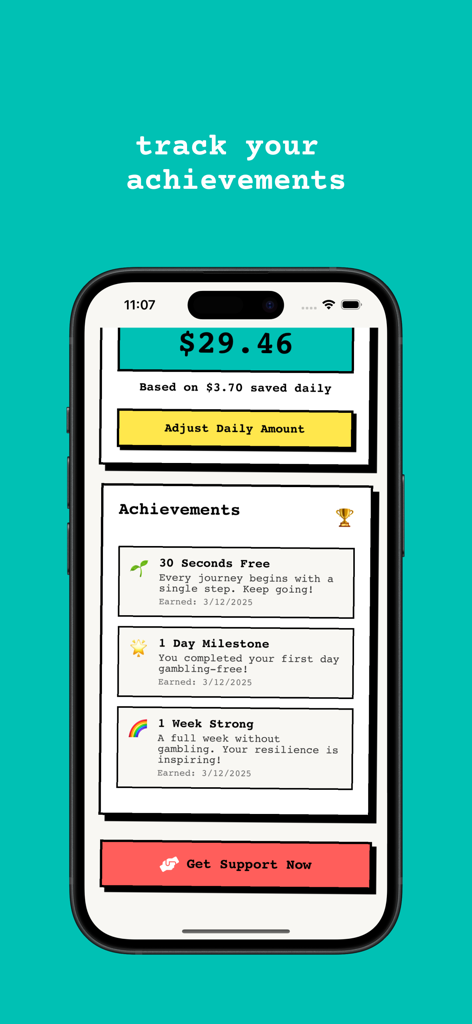 ストップギャンブルアプリの達成画面で、節約した金額と節制のマイルストーンが表示されています