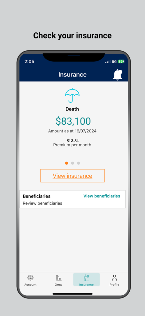 Australian Food Super - Australian Food Super 앱 인터페이스, 보험 보장 세부 정보 및 수혜자 표시