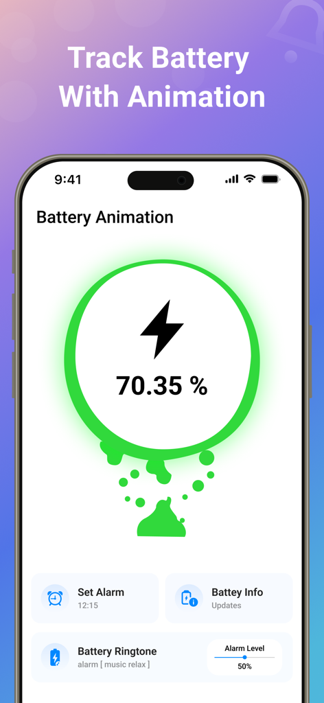 Notisave : History Log - Notisave app interface showing real-time battery tracking animation and custom alert settings