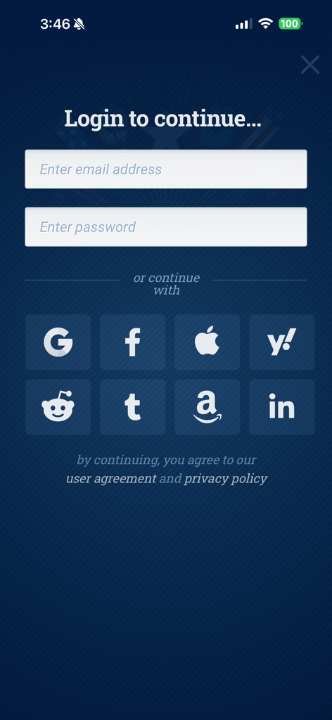 iSideWith - Login screen for the iSideWith app featuring email input fields and various social media sign in buttons