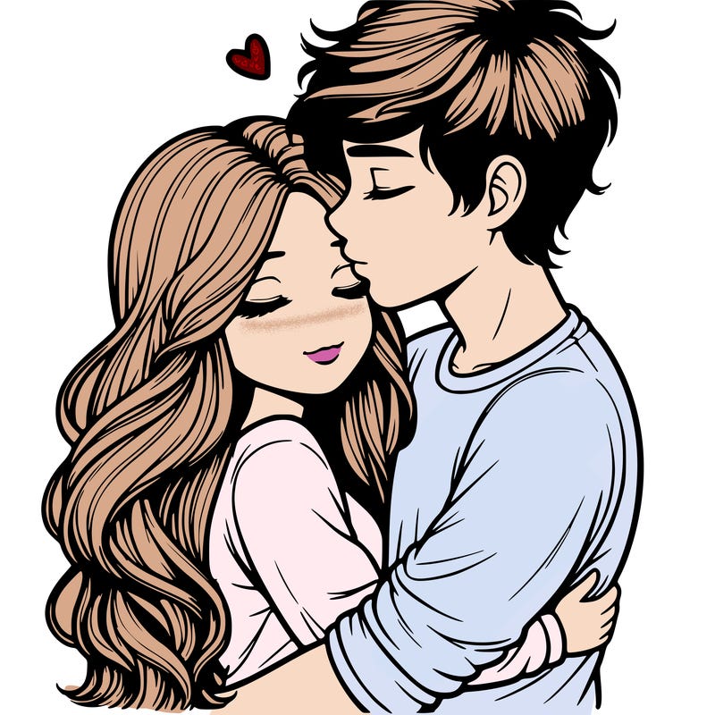 a realistic couple boy and girl hugging and kissing