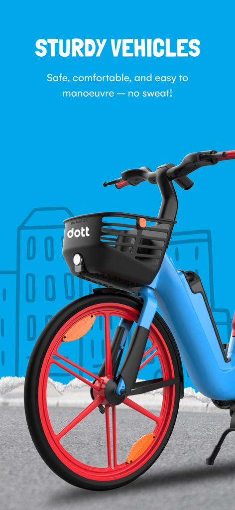 A blue Dott e-bike with red wheels and a front basket featuring the text sturdy vehicles