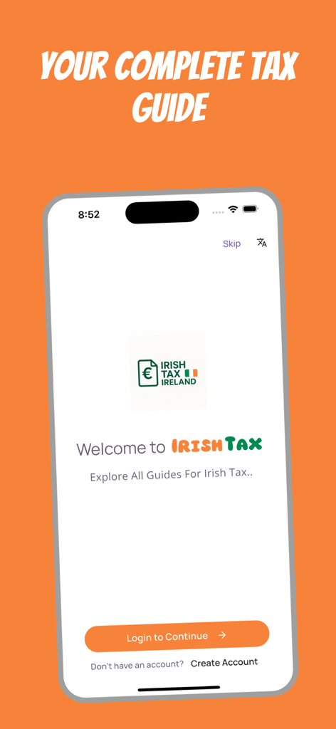 Welcome screen of the Irish Tax Calculator app with login and account creation buttons.