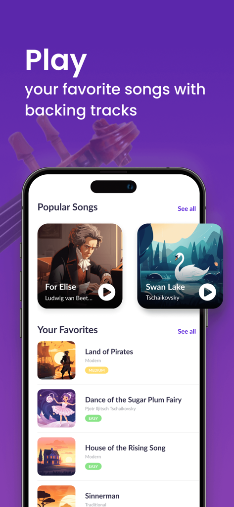 A list of popular songs and favorites with backing tracks in the tonestro violin app