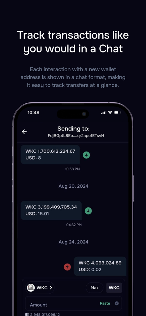Peniwallet - Interfaz de la aplicación móvil Peniwallet mostrando el historial de transacciones en formato de chat