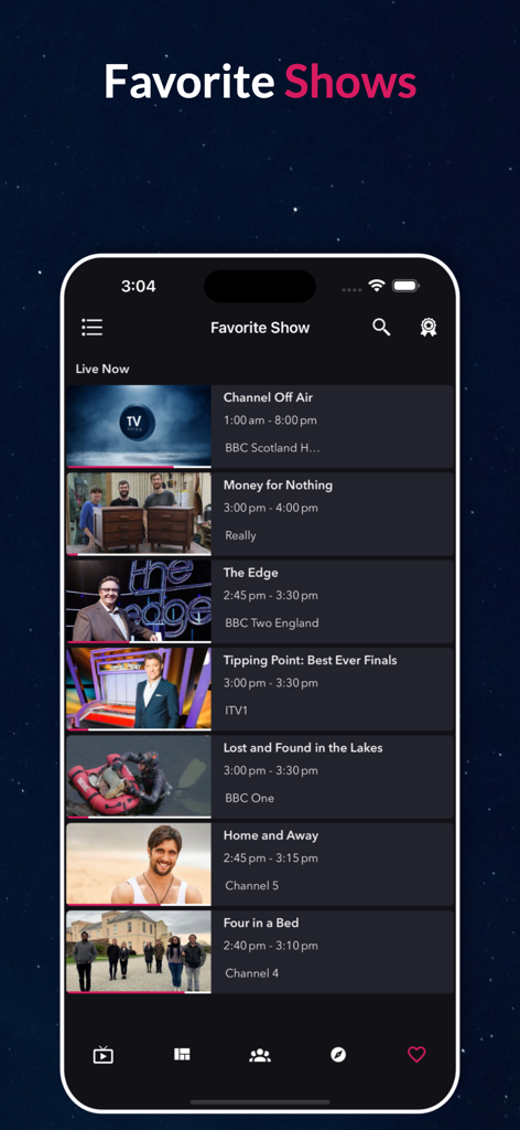 Mobile app screen displaying a personalized list of favorite live UK TV programs and channel schedules