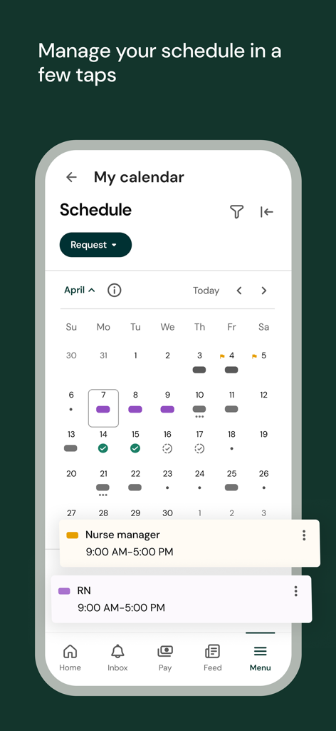 UKG Pro - The UKG Pro mobile app interface showing a monthly work schedule for a nurse manager.