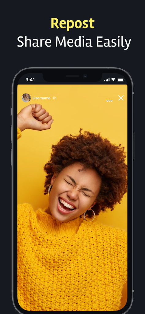 Telefono cellulare che visualizza una funzionalità di repost e condivisione di media con un'immagine vivace di una donna in un maglione giallo.