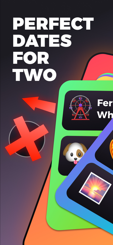 Écran de l'application Lovio montrant diverses idées d'activités de rendez-vous comme une grande roue et une vue du coucher de soleil pour les couples