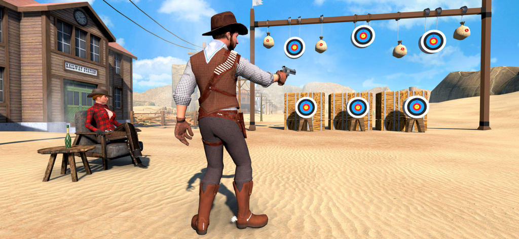 A cowboy character aiming his revolver at targets in a desert shooting range