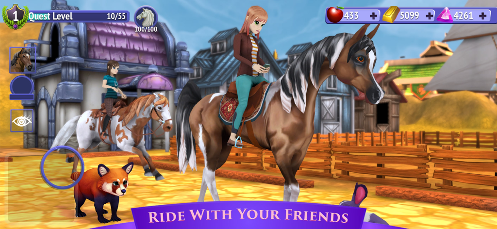 Two female characters riding horses together in a 3D village with a red panda and rabbit pet in the foreground