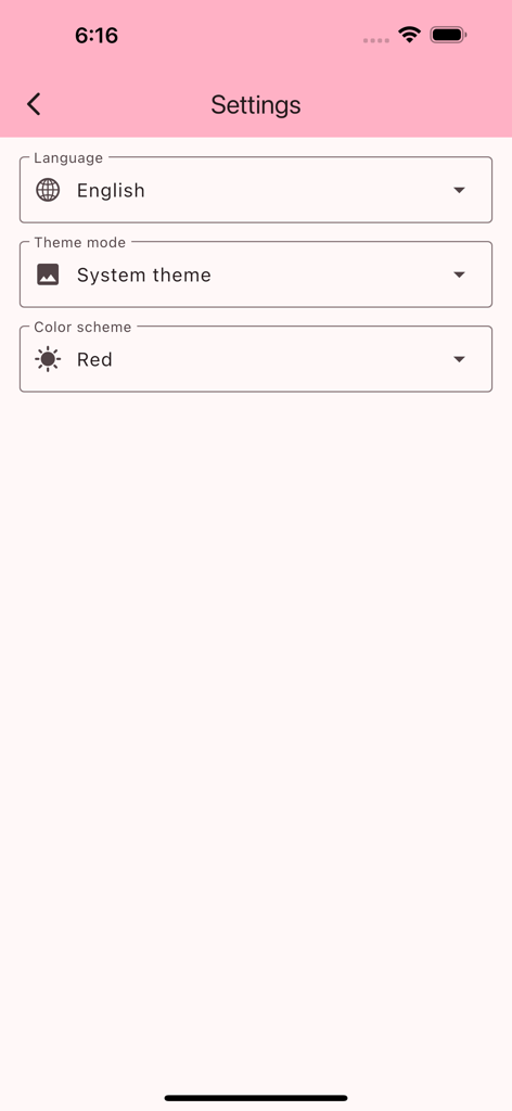 Page des paramètres de l'application Book-Me montrant les options de personnalisation de la langue, du thème et de la palette de couleurs.