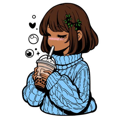 manga girl drinking boba in cozy sweater