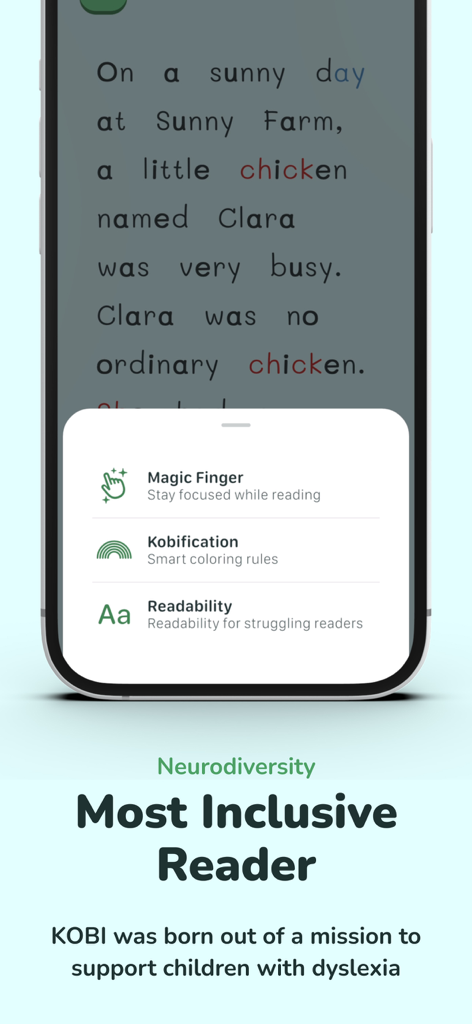 KOBI - Happy Reading - Screenshot der KOBI-App, die Neurodiversitäts-Funktionen zeigt, darunter das Magic Finger Fokus-Tool, Kobification-Farbregeln und Lesbarkeitseinstellungen für Kinder mit Legasthenie.