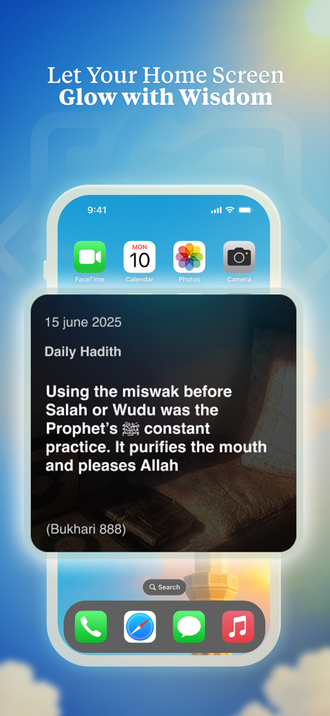 Deen Chat app daily hadith widget displayed on an iPhone home screen.