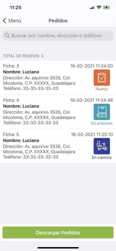 Interface do aplicativo Vende YA! mostrando uma lista de pedidos de clientes com rastreamento de status em tempo real para entregas novas e em andamento.
