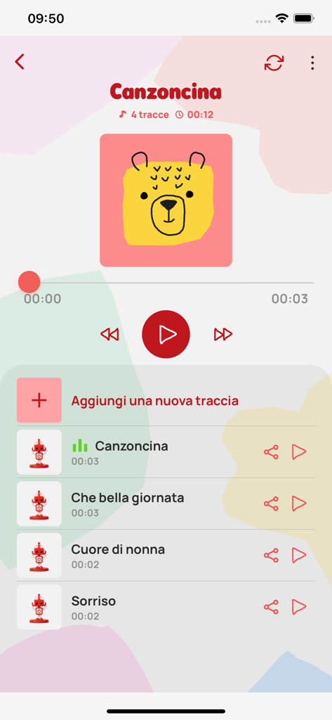 MyFaba – Il tuo Raccontastorie - MyFabaアプリのインターフェース。子供向けの童謡のリストとオーディオ再生コントロールが表示されています。