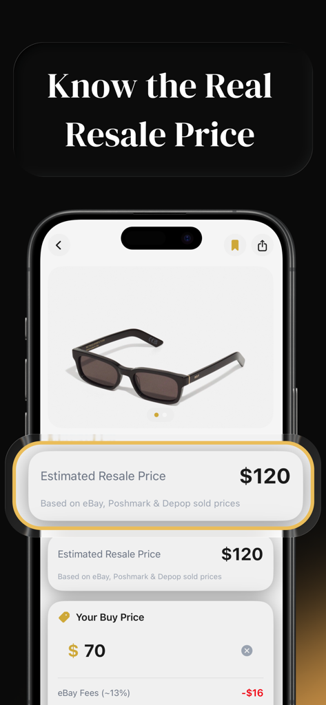 Thriftly: Profit Identifier - Thriftly app displaying an estimated resale price and profit calculation for a pair of sunglasses.