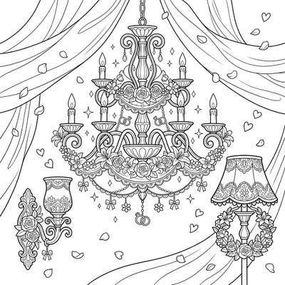 Step into a world of romantic elegance with our Wedding Lighting Fixtures coloring page. This intricate design features beautiful chandeliers, lamps, and wall sconces, all ready for your creative touch.