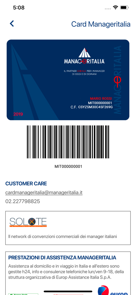 Tessera digitale di Manageritalia con codice a barre personale e informazioni sul servizio clienti.