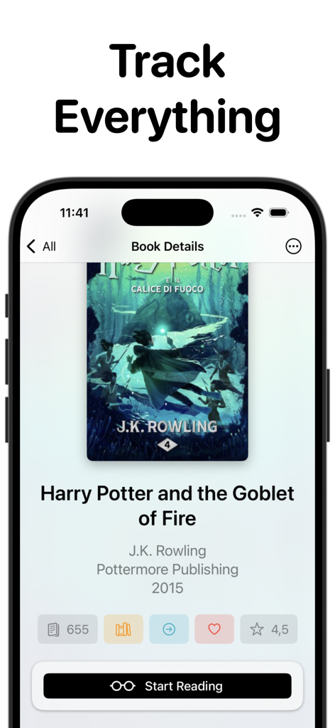 Bookshelf - Vox - Bookshelf Vox app interface showing book details for Harry Potter and a start reading button.