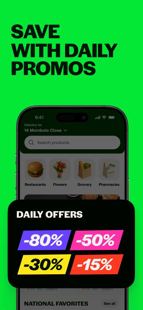 SAMU - Food Delivery - SAMU food and essentials delivery app interface showing daily discount offers and service categories.