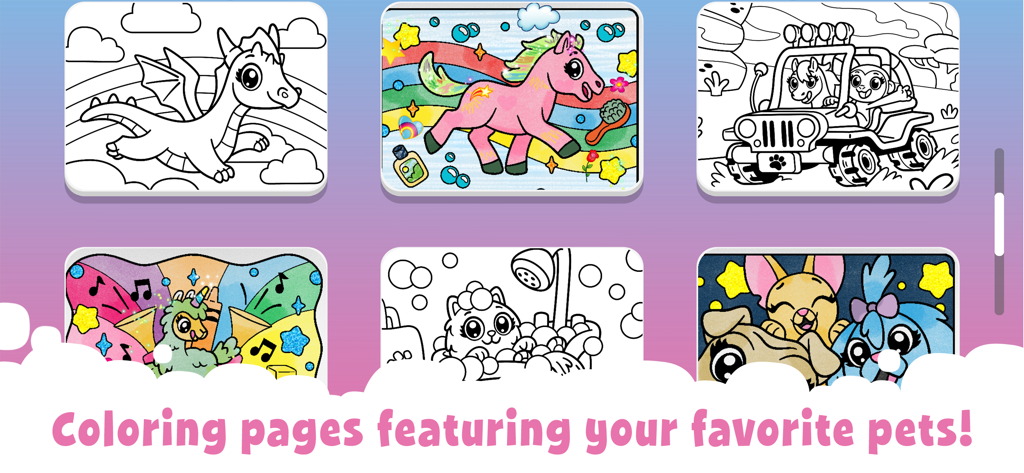 Digital coloring pages of cute animals and pets in the Crayola Scribble Scrubbie app interface