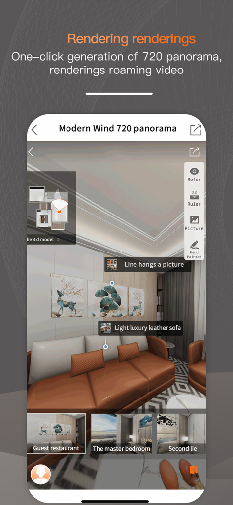 ZHouse mobile app interface showing a 720 degree panorama 3D interior design rendering of a living room