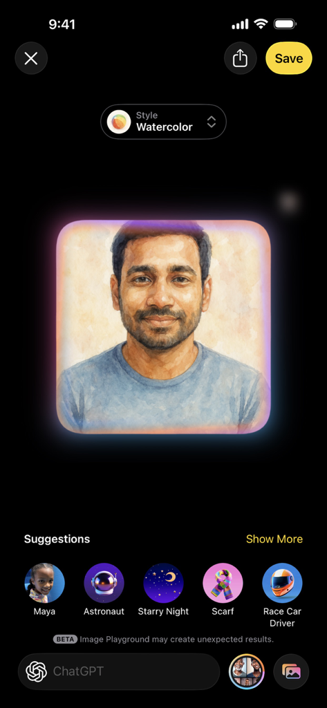 Image Playground - Oberfläche der Image Playground App, die ein von KI generiertes Porträt eines Mannes im Aquarellstil mit Erstellungsvorschlägen zeigt