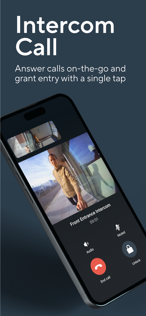 Mobile interface of Verkada Pass showing an intercom call with video feed and remote unlock button