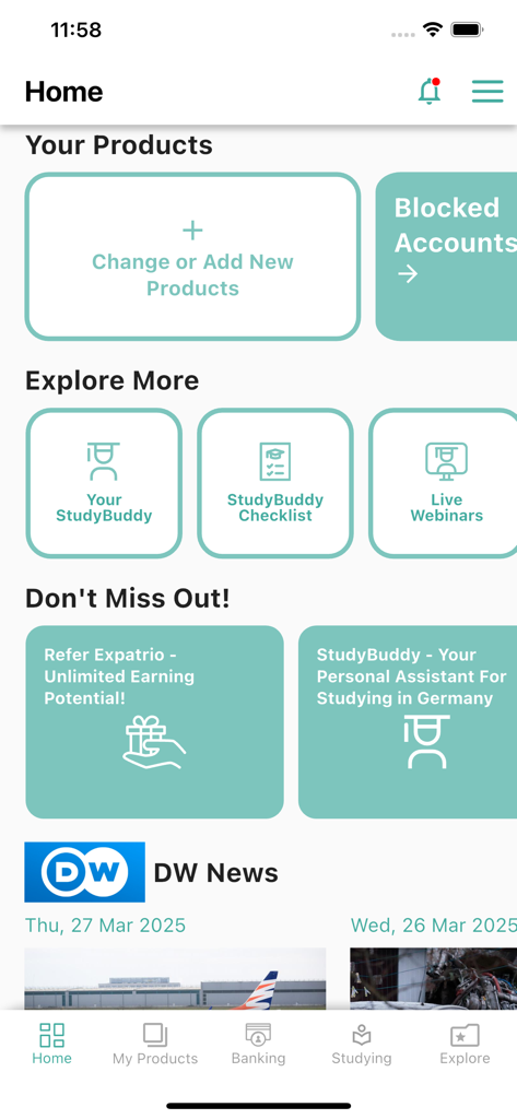 Expatrio - Study in Germany - The home screen of the Expatrio mobile app showing services for students moving to Germany including blocked accounts and study tools