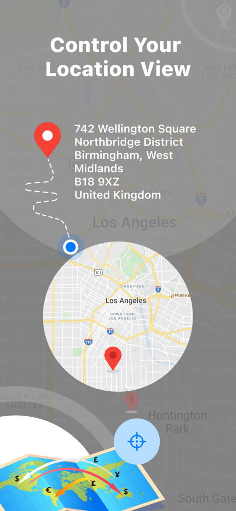 Interface of the IP Location Changer app showing a map view with custom pins and location controls