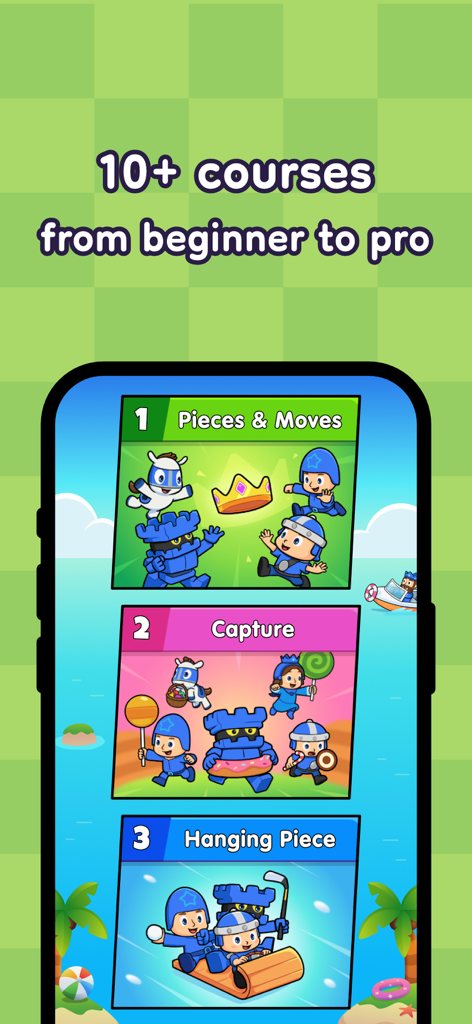 Screenshot of a mobile app showing three levels of chess courses for kids with colorful cartoon characters including Pieces and Moves, Capture, and Hanging Piece.