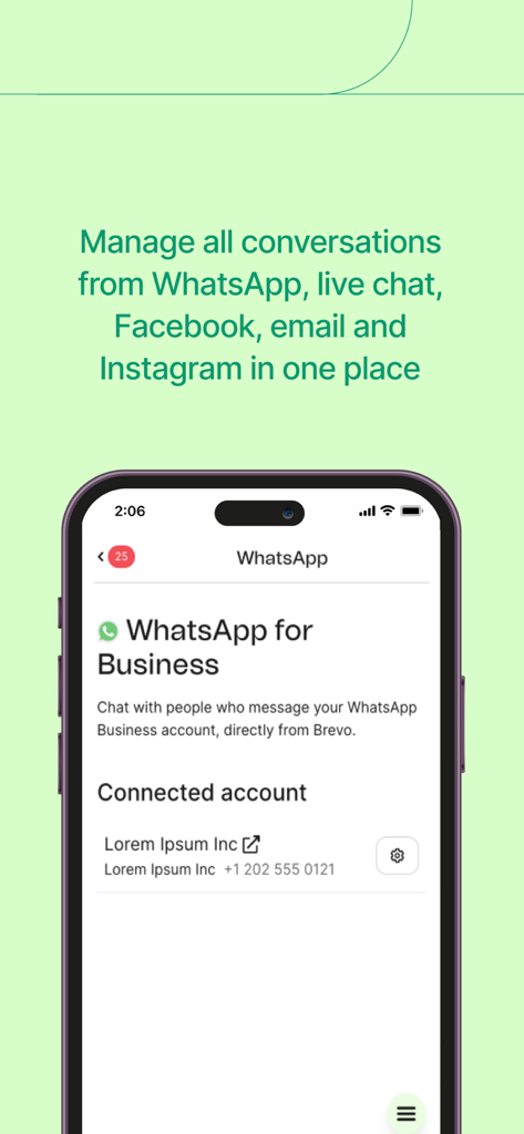 Conversations by Brevo app interface showing the WhatsApp for Business integration and universal inbox feature