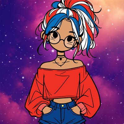 girl with a messy ponytail glasses a baggy crop top and jean shorts