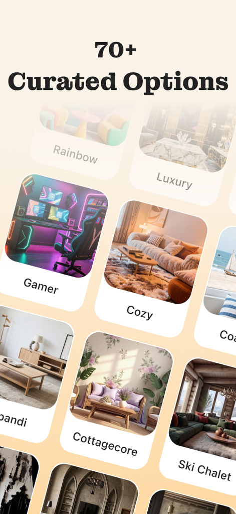 Homely AI - Interior Design - Uma exibição de mais de 70 estilos de design de interiores selecionados, incluindo temas Gamer e Cozy no aplicativo Homely AI