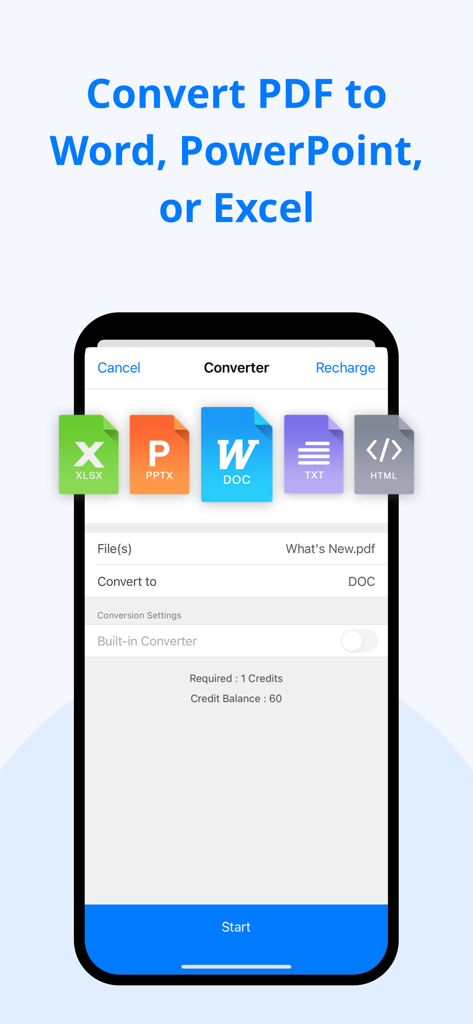 PDF Reader - Editor & Viewer - Interface of KDAN PDF app showing options to convert PDF to Word PowerPoint and Excel