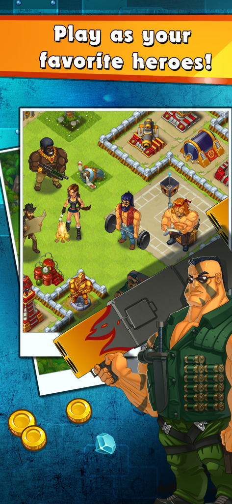 Jungle Heat - Muscular hero characters standing in a jungle military base