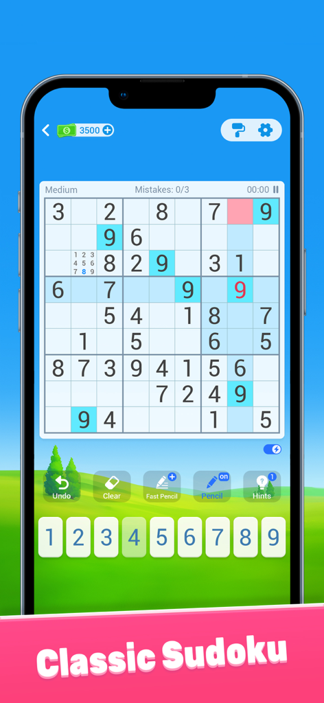 Sudoku: Train Brain Puzzles - Interfaz de smartphone que muestra un puzzle clásico de Sudoku de 9x9 en dificultad media con herramientas de entrada y edición de números