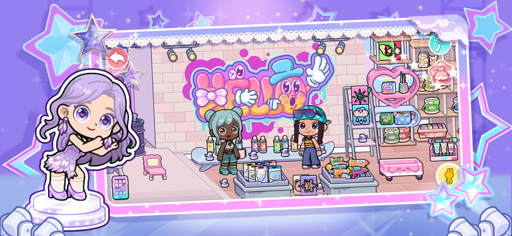 Two chibi characters inside a colorful graffiti art shop with spray paint and creative supplies