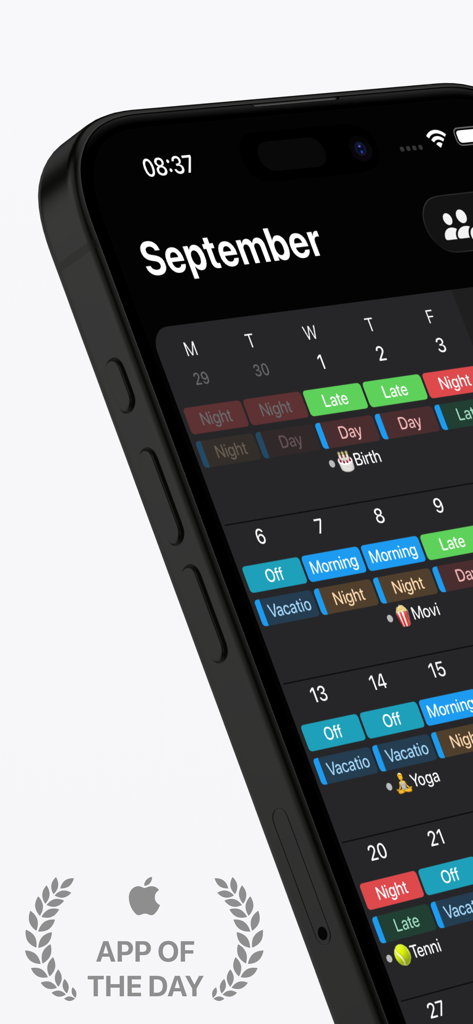 Supershift Shift Work Calendar - Pantalla de iPhone que muestra el calendario de trabajo Supershift con turnos codificados por colores en modo oscuro.