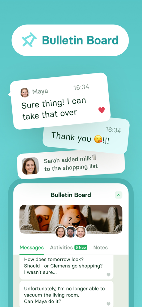 Screenshot of the Flatastic app Bulletin Board showing roommate messages and shared house activity updates