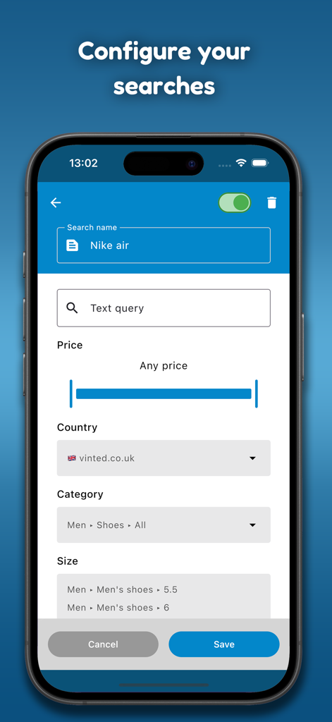 Clothing Alerts - Search configuration screen in Clothing Alerts app showing filters for Nike Air shoes.