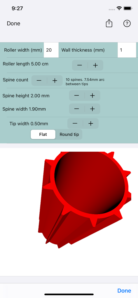 3D Cookie Cutter - Interface of the 3D Cookie Cutter app showing customization settings for a red 3D texture roller with adjustable spine dimensions