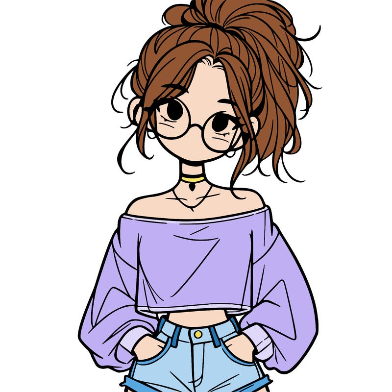 girl with a messy ponytail glasses a baggy crop top and jean shorts