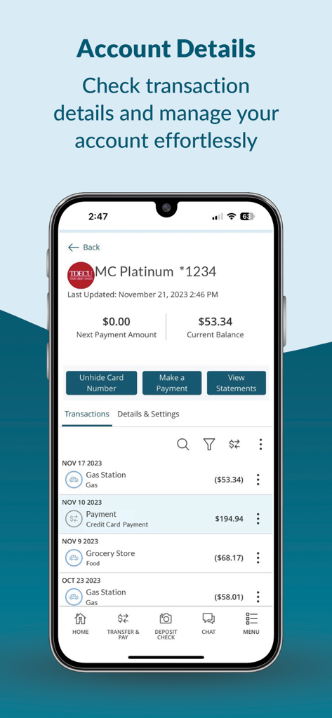 TDECU Digital Banking - TDECU Digital Banking app showing credit card balance and transaction history