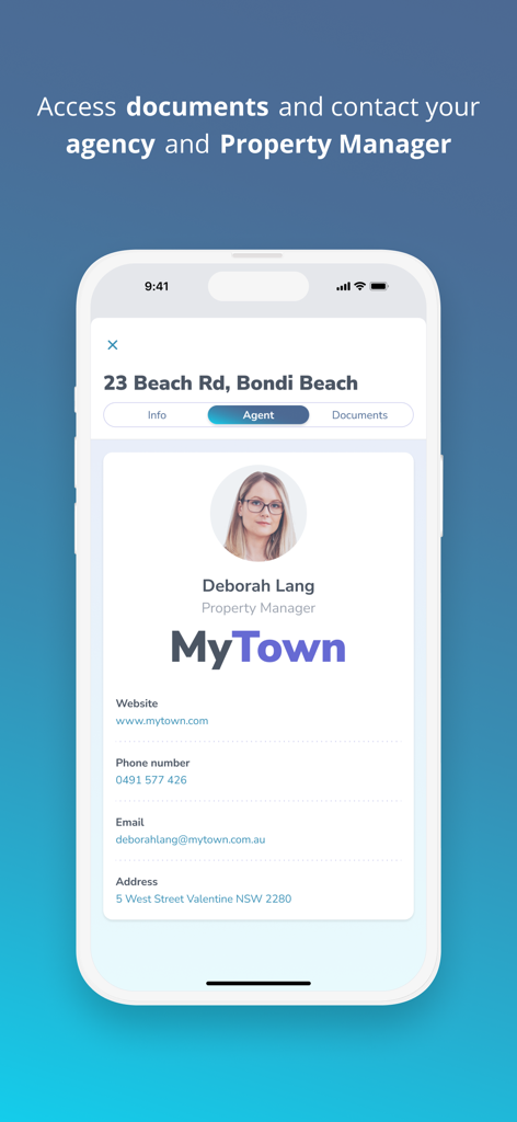 PropertyMe - PropertyMe app screen displaying property manager contact details including phone number and email address