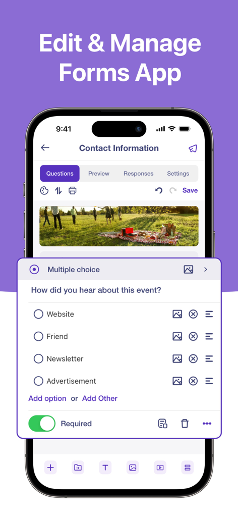 Forms App: Create Form & Quiz - Interfaz móvil para editar un formulario de información de contacto con preguntas de opción múltiple.