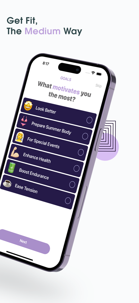 75 Medium Challenge: 75 Days - A smartphone screen for the 75 Medium Challenge app asking the user what motivates them with options like Enhance Health and Boost Endurance